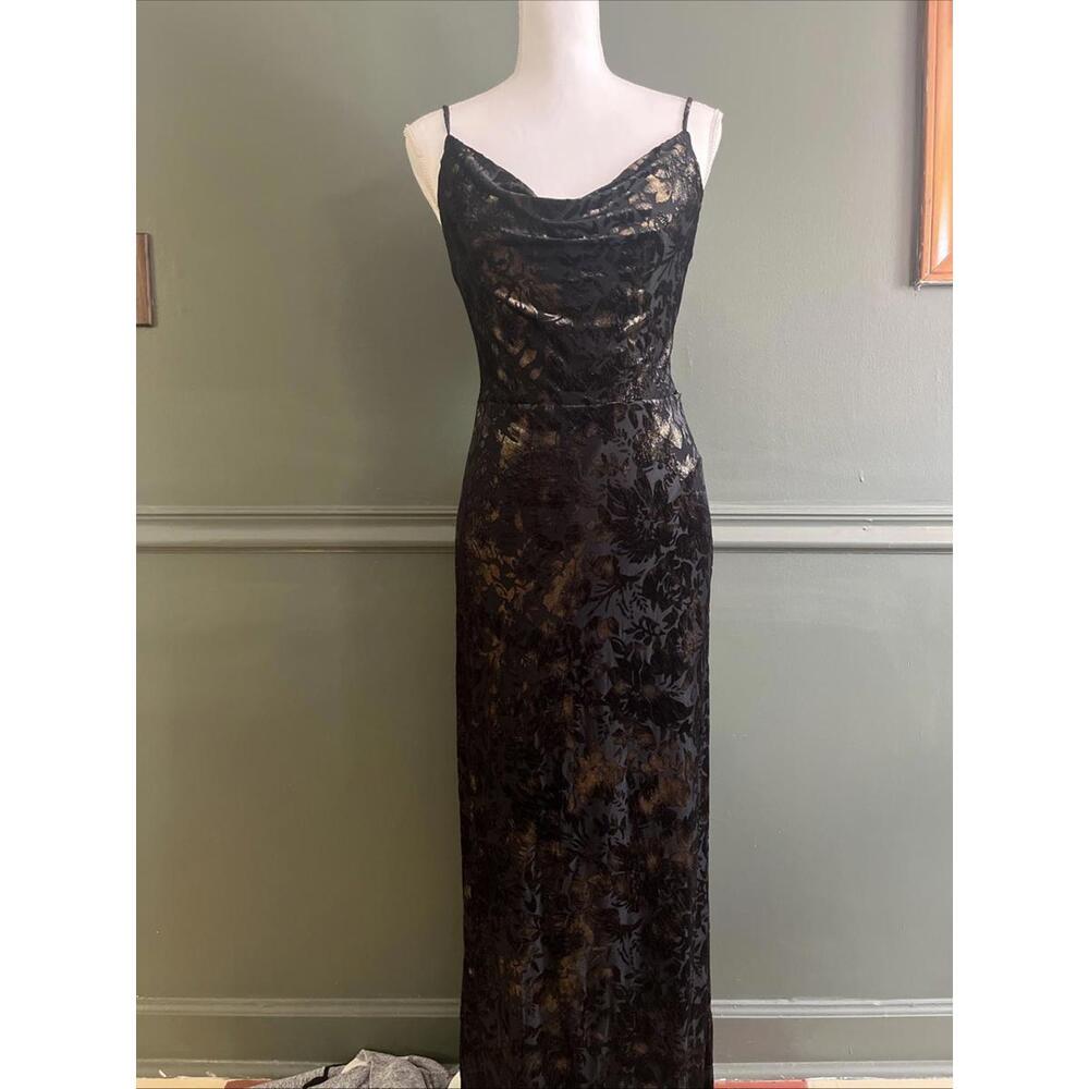 90s Y2K Burnout Velvet Slip Dress Cowl Neck Black Gold Floral Maxi Grunge Glam 8